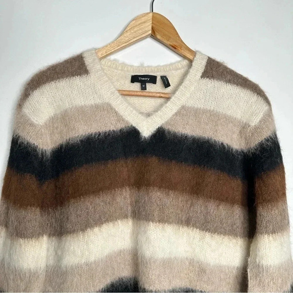 THEORY Striped Alpaca Wool V-Neck Sweater Size Medium - Picture 3 of 11